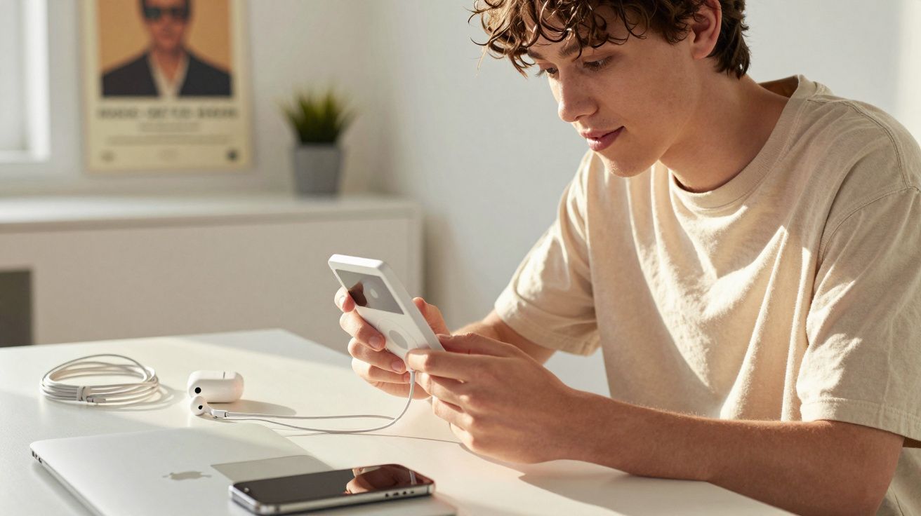 Jovem sentado à mesa manuseando um aparelho de música portátil com fones de ouvido brancos.