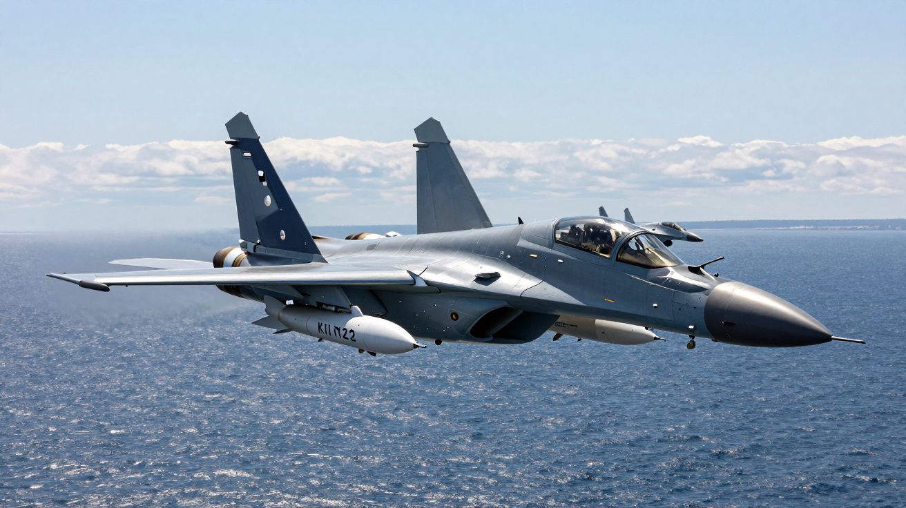 Caça militar cinza voando sobre o oceano com céu azul e nuvens ao fundo.