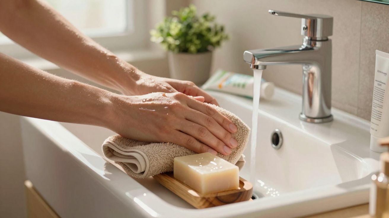 Pessoa lavando as mãos com água corrente e sabonete em barra em uma pia branca moderna.