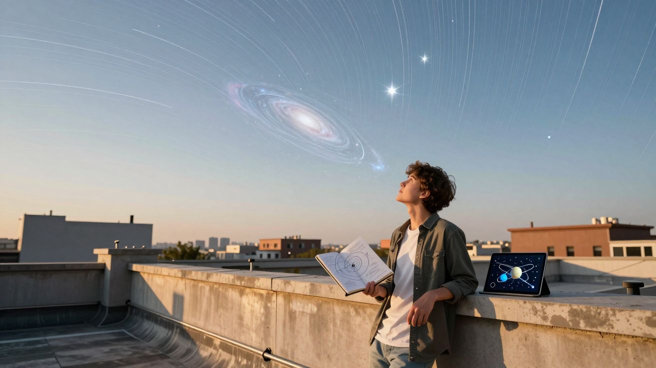 Jovem no terraço segurando livro de astronomia e olhando galáxia e estrelas no céu ao entardecer.
