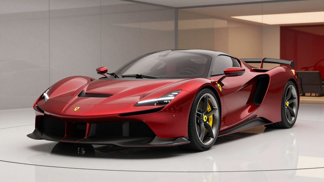 Carro esportivo Ferrari vermelho com detalhes pretos e rodas com freios amarelos em ambiente fechado moderno.