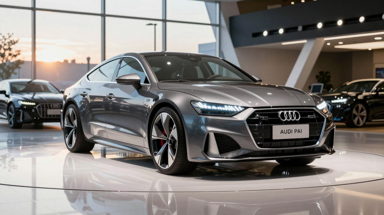 Carro cinza Audi em exposição, com faróis acesos, em ambiente interno moderno e iluminado.
