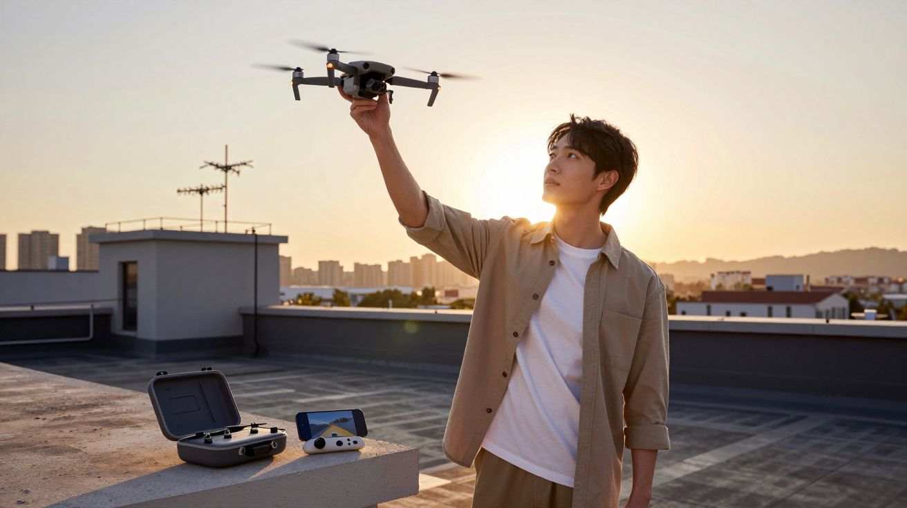 Jovem segurando drone prestes a decolar no telhado com pôr do sol ao fundo e controle com smartphone ao lado.