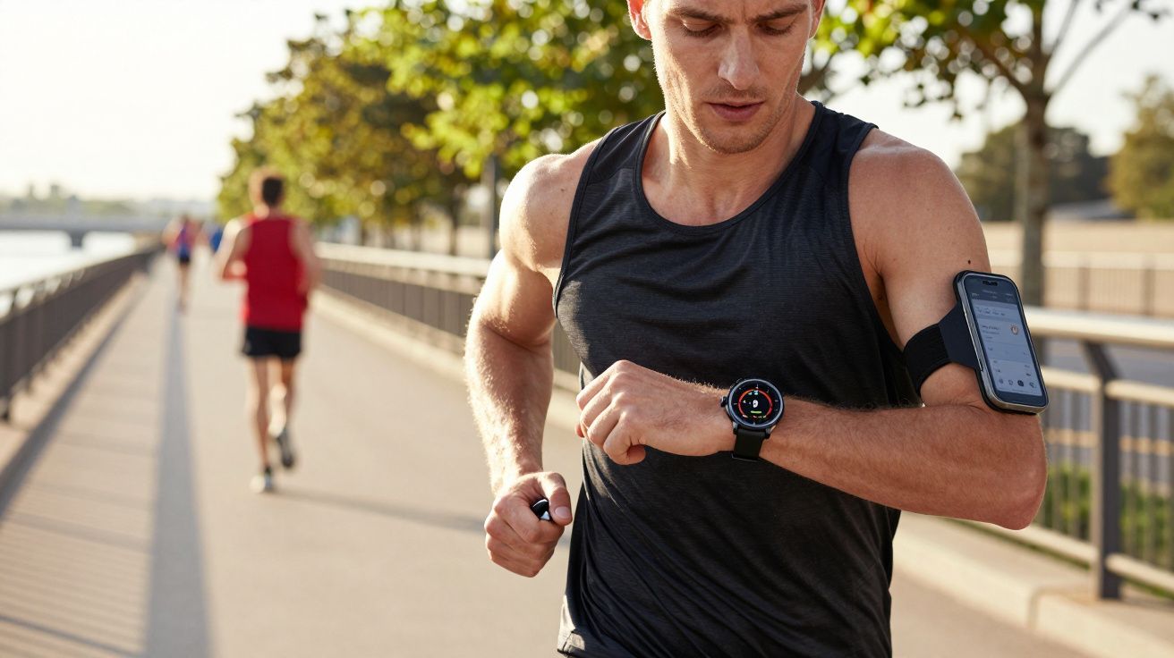 Homem correndo ao ar livre, vestindo regata preta, olhando relógio e usando celular preso ao braço.
