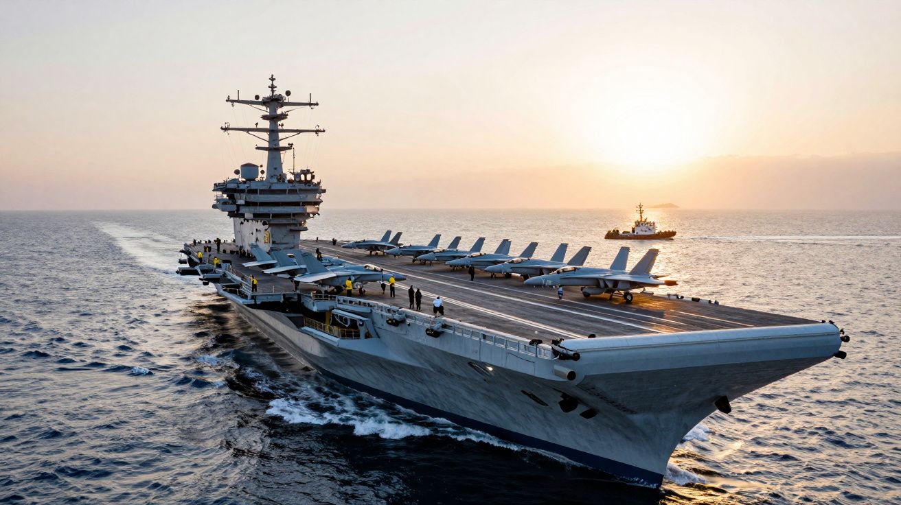 Porta-aviões navegando no mar ao pôr do sol com aviões de combate alinhados na pista.