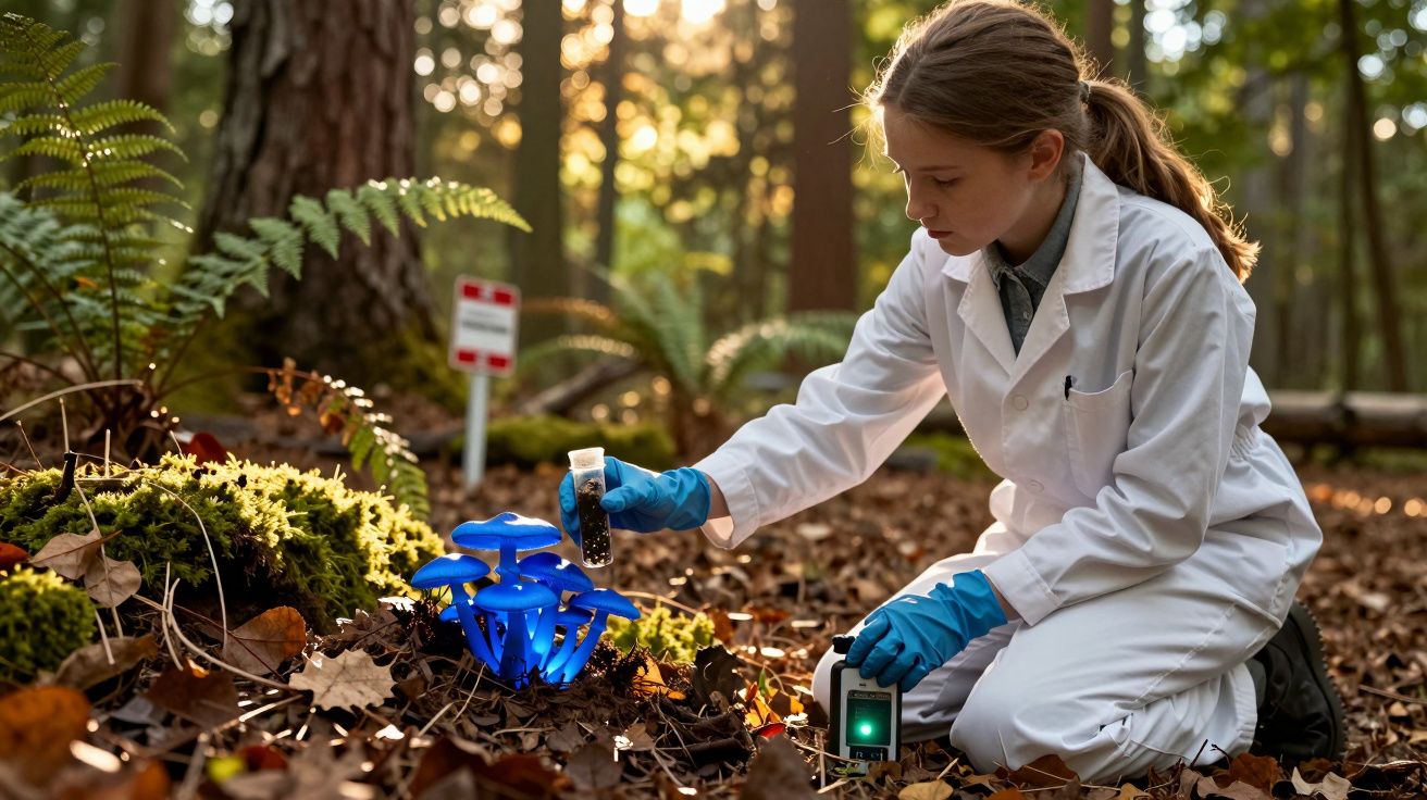 Cientista em jaleco coleta amostra de cogumelos azuis brilhantes em floresta durante o dia.