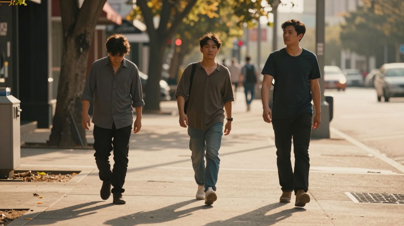 Três homens jovens caminhando juntos em calçada urbana em dia ensolarado com árvores ao fundo.