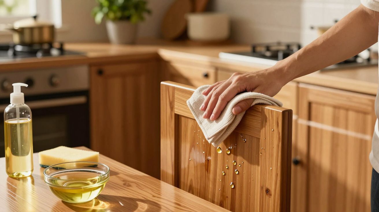 Pessoa limpando cadeira de madeira com pano úmido em cozinha com bancada e utensílios ao fundo.