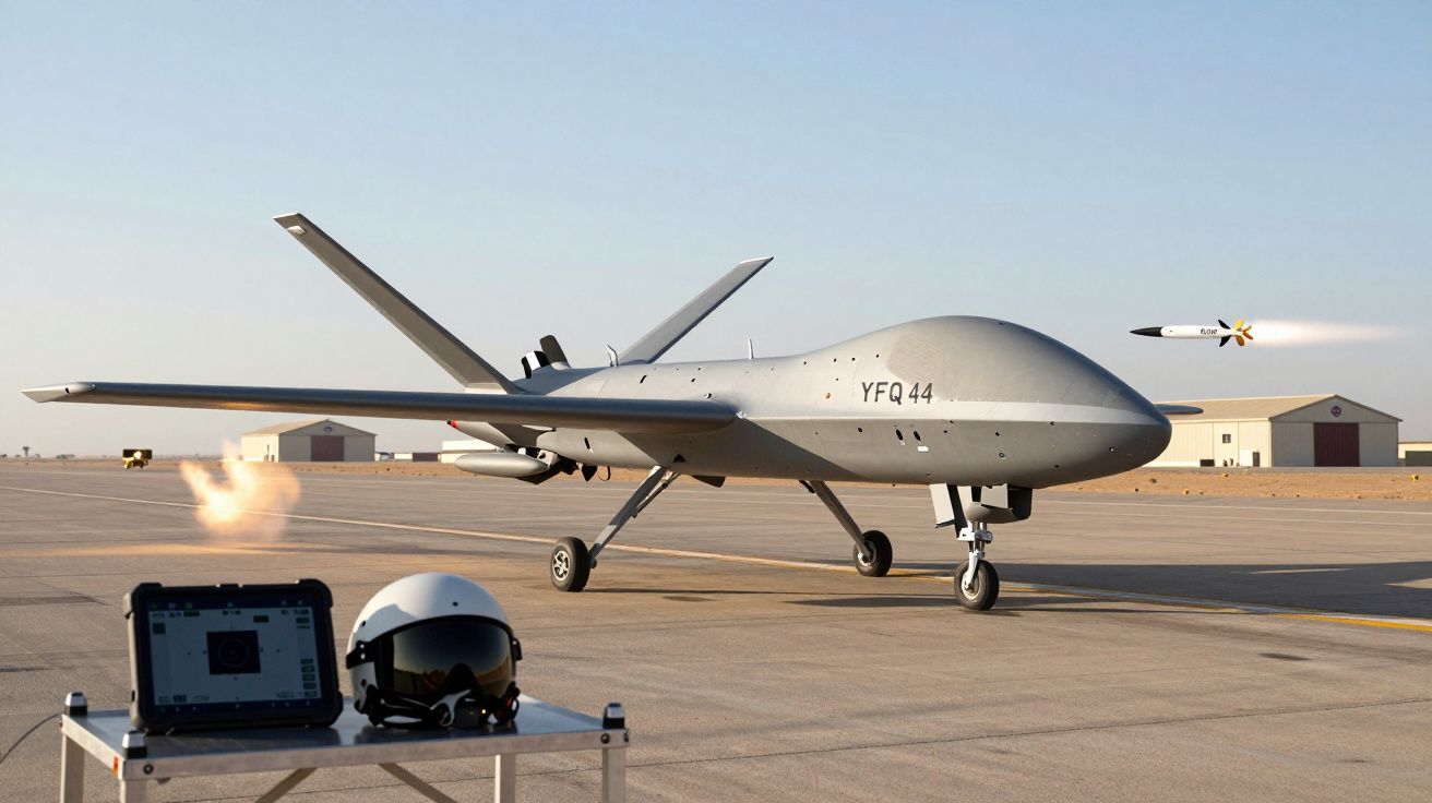 Drone militar cinza YFQ-44 em pista lançando míssil enquanto equipamento opera em primeiro plano.