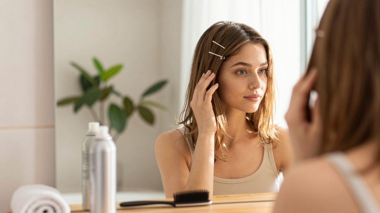 Mulher jovem arrumando o cabelo com grampos, olhando para o espelho em ambiente iluminado e decorado.