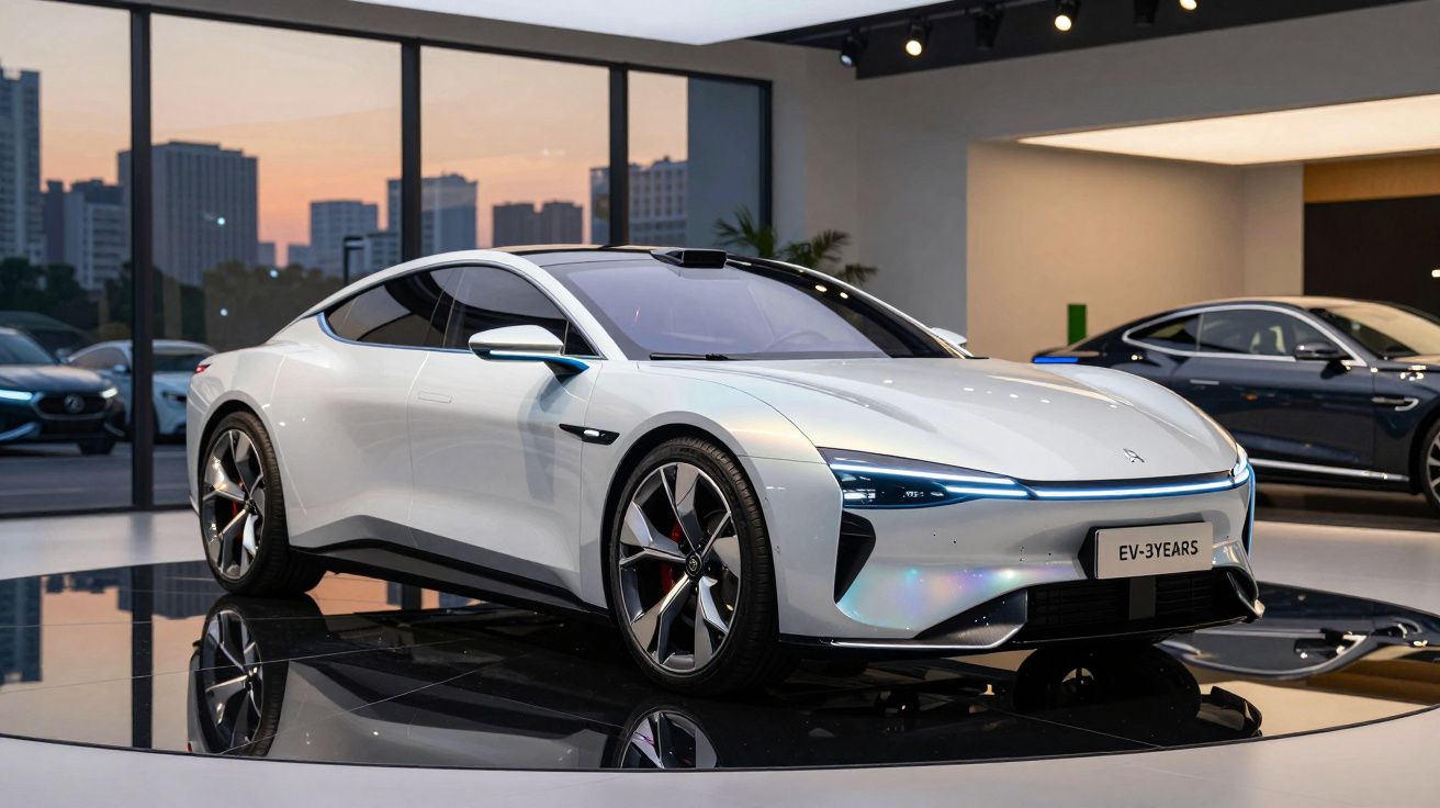 Carro elétrico esportivo branco em exposição dentro de showroom moderno com grandes janelas.