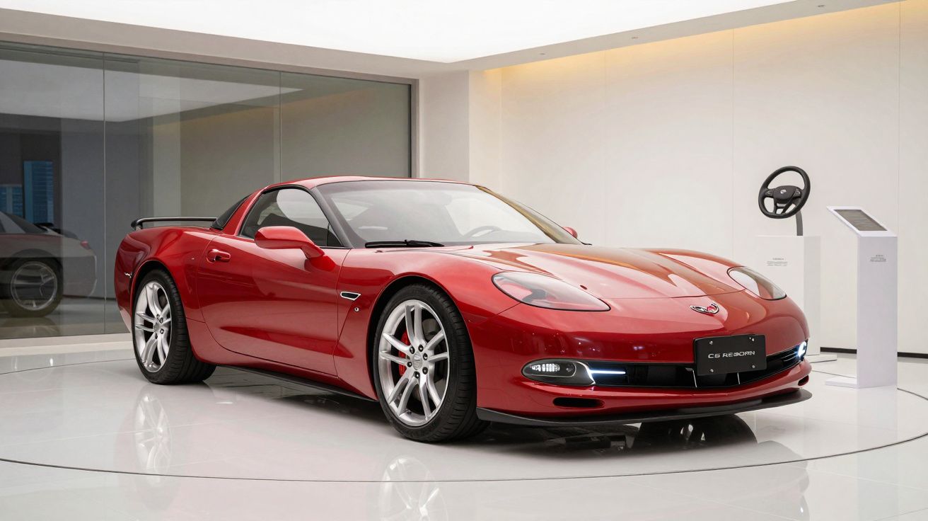 Carro esportivo vermelho modelo Chevrolet Corvette C6 estacionado em sala de exposição moderna e iluminada.