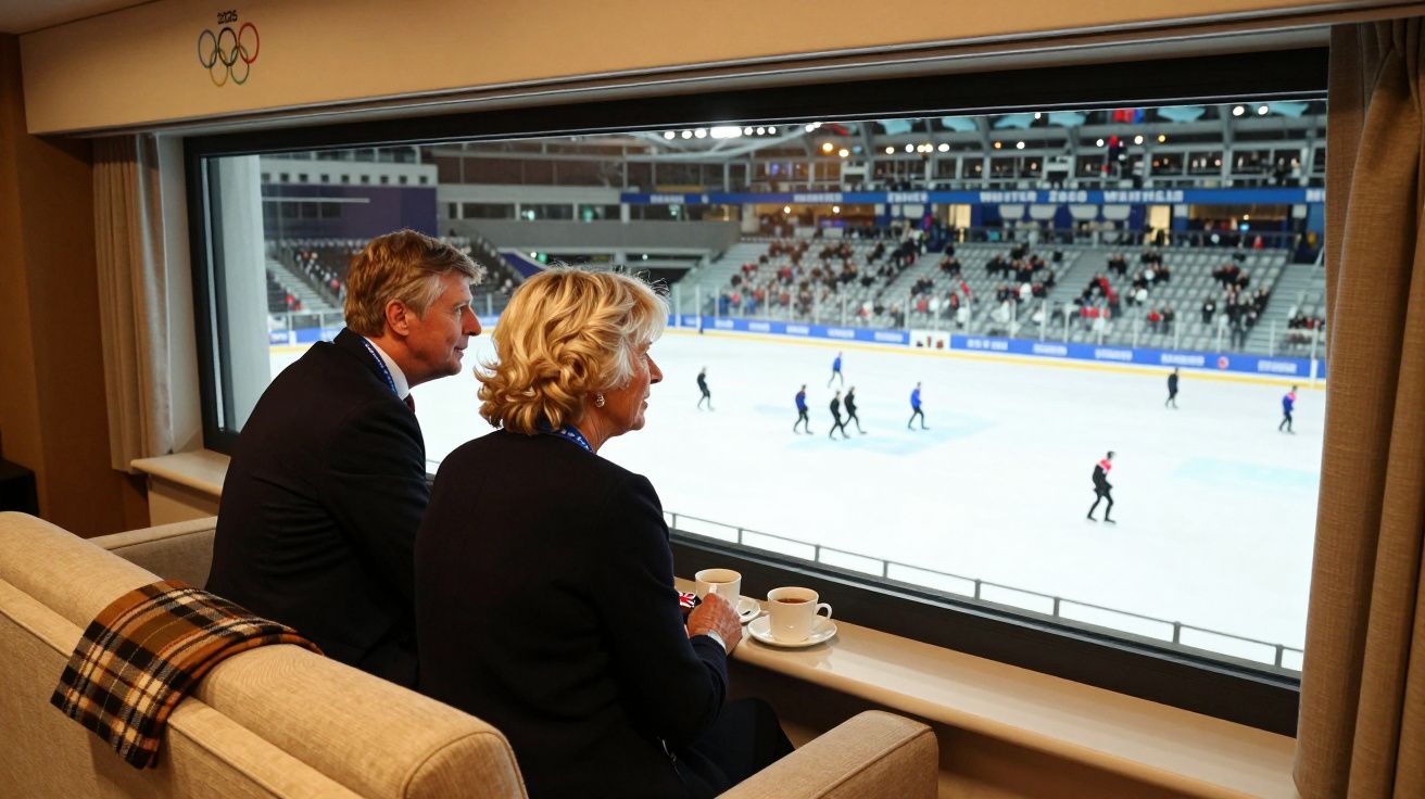Duas pessoas assistem patinação no gelo em arena olímpica, com xícaras de café sobre o parapeito da janela.