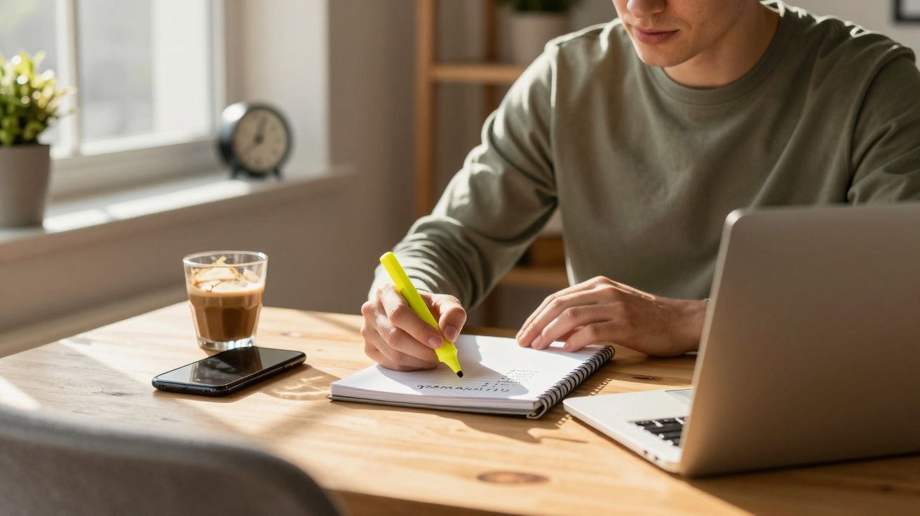 Pessoa escrevendo em caderno com caneta marca-texto, laptop aberto, celular e copo de café na mesa de madeira.