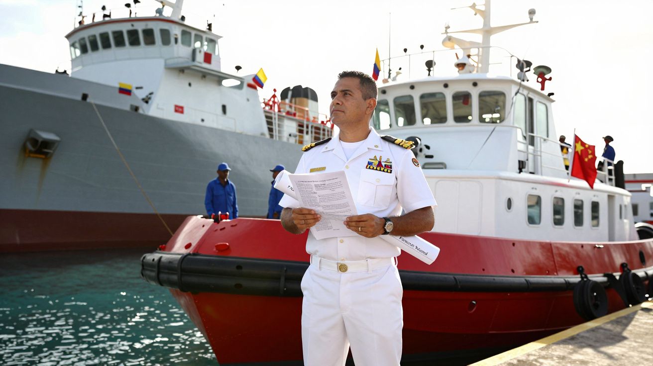 Homem em uniforme branco naval segurando documentos em um porto com navios ao fundo.
