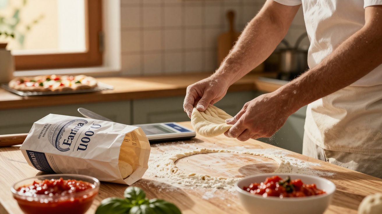 Pessoa esticando massa de pizza em bancada com farinha e ingredientes ao redor na cozinha.