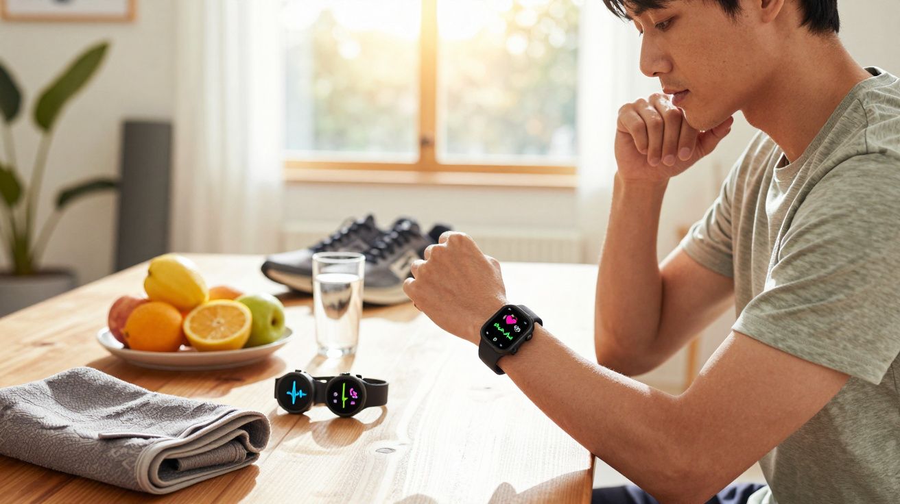 Homem sentado em mesa olhando gráfico de saúde no relógio inteligente, com frutas e tênis ao fundo.