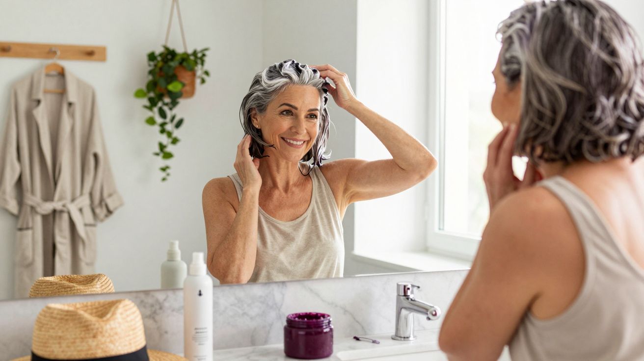 Mulher sorridente aplicando shampoo no cabelo em frente ao espelho em banheiro iluminado.