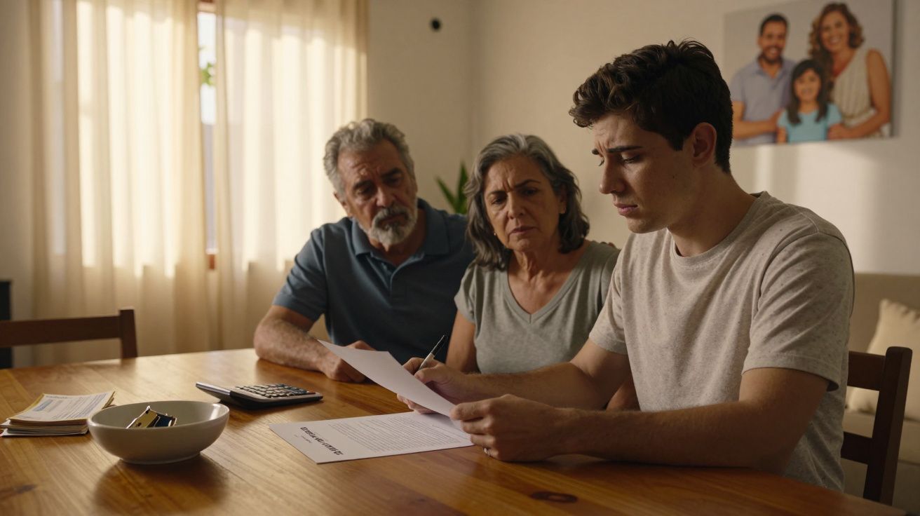 Jovem e idosos analisam documentos financeiros em mesa de madeira em casa iluminada por luz natural.