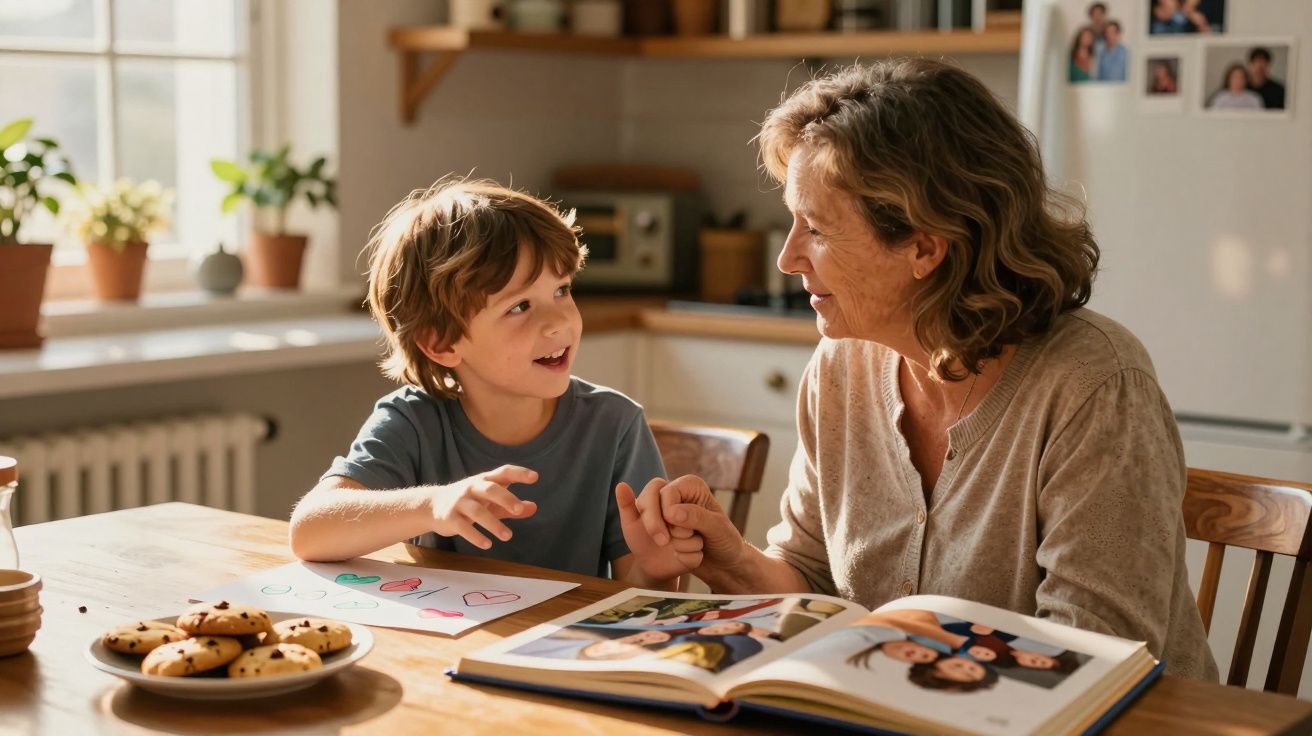 Criança e mulher idosa sorrindo, olhando fotos em álbum na cozinha iluminada pelo sol.