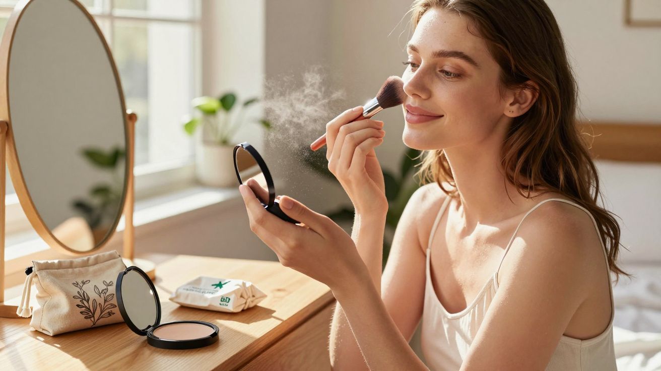Mulher aplicando maquiagem com pincel enquanto se olha no espelho em um quarto iluminado.
