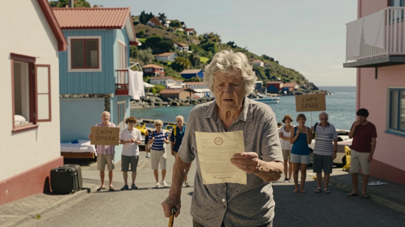 Idoso lendo carta com grupo atrás segurando cartazes "Empty Space" em vilarejo à beira-mar.