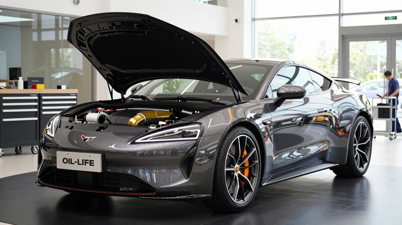 Carro esportivo cinza com capô aberto exibindo o motor em uma concessionária moderna e iluminada.