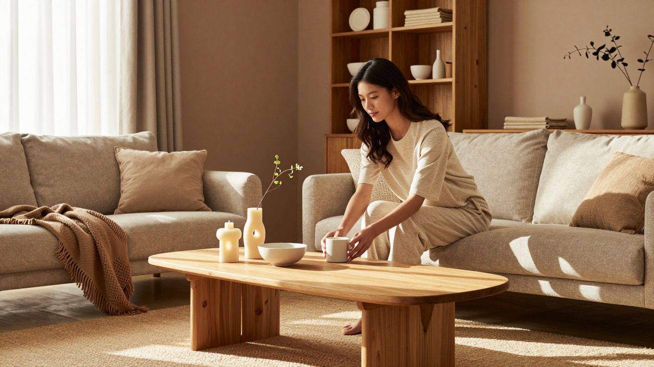 Mulher arrumando xícara em mesa de madeira em sala de estar com decoração neutra e luz natural.
