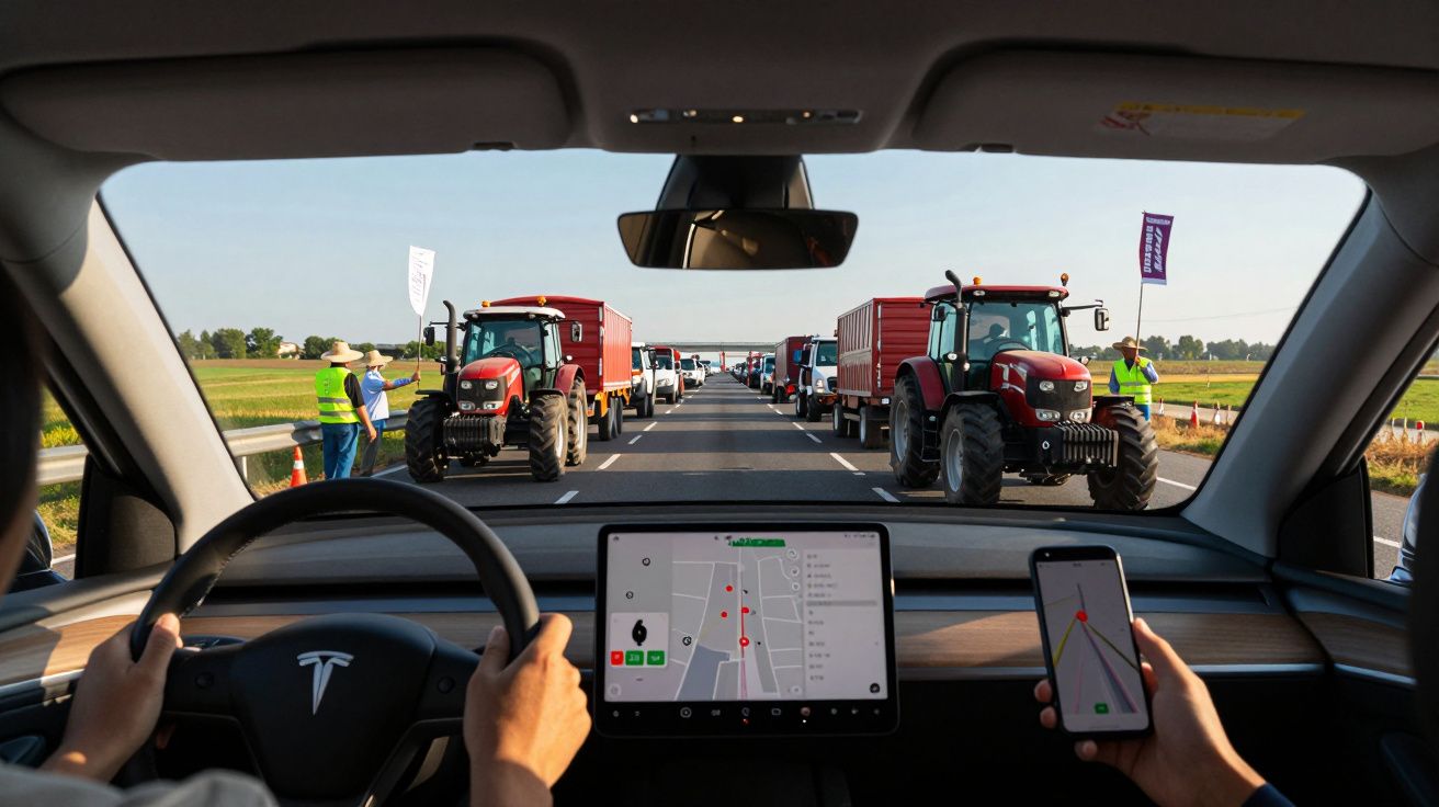 Interior de carro Tesla parado em estrada com tratores vermelhos bloqueando a via e pessoas ao fundo.