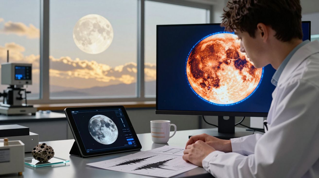 Pesquisador analisando imagens e dados da lua em laboratório com a lua cheia visível pela janela.