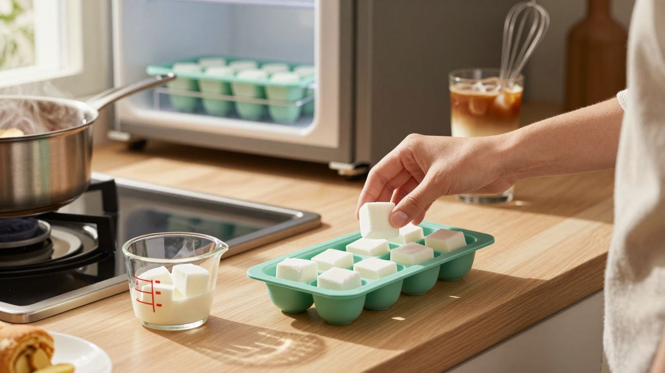 Mão segurando cubo de gelo em forma de cubos de açúcar sobre balde de gelo em cozinha moderna.