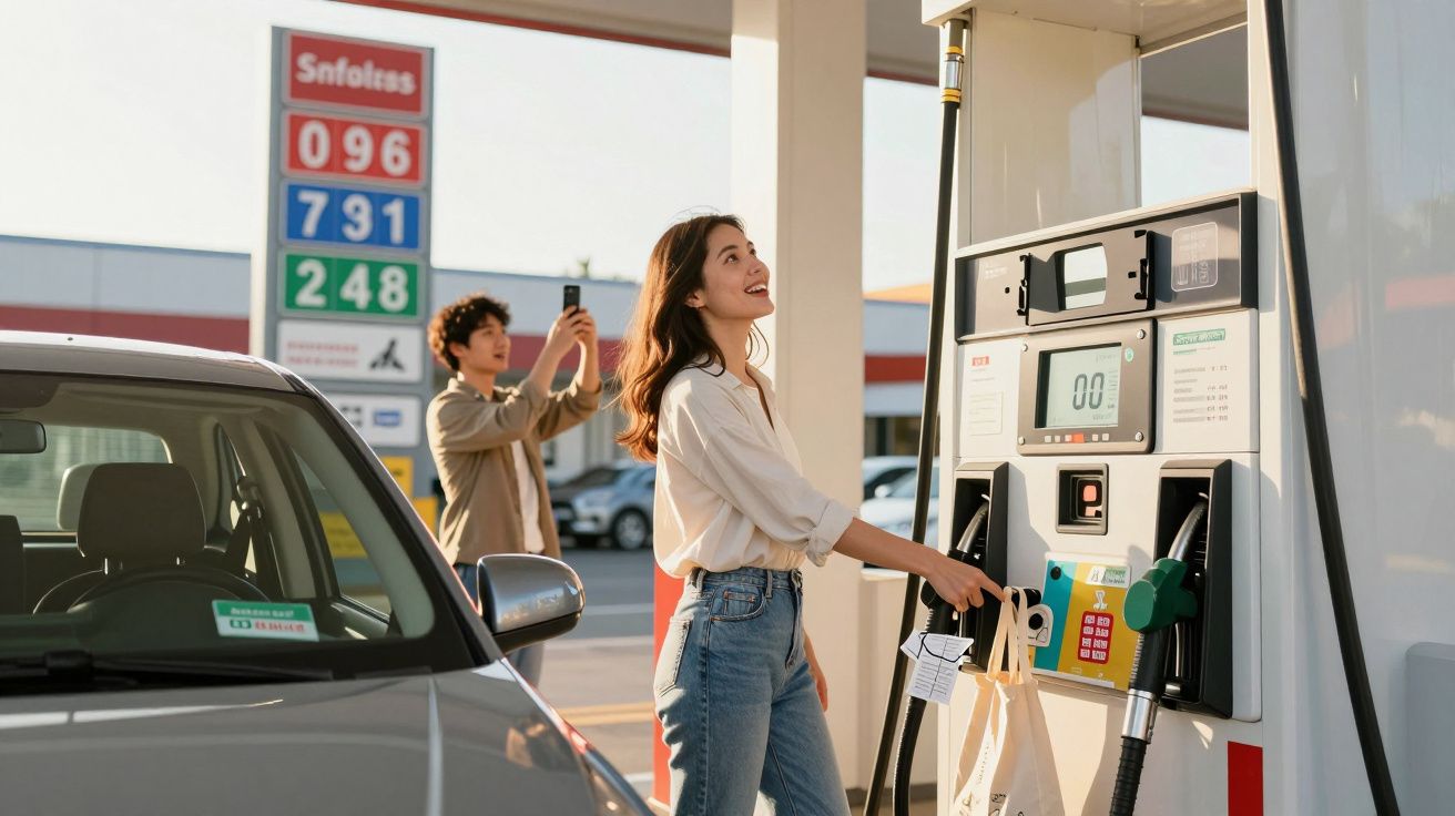 Mulher abastecendo carro em posto de combustível enquanto homem faz foto ao fundo.