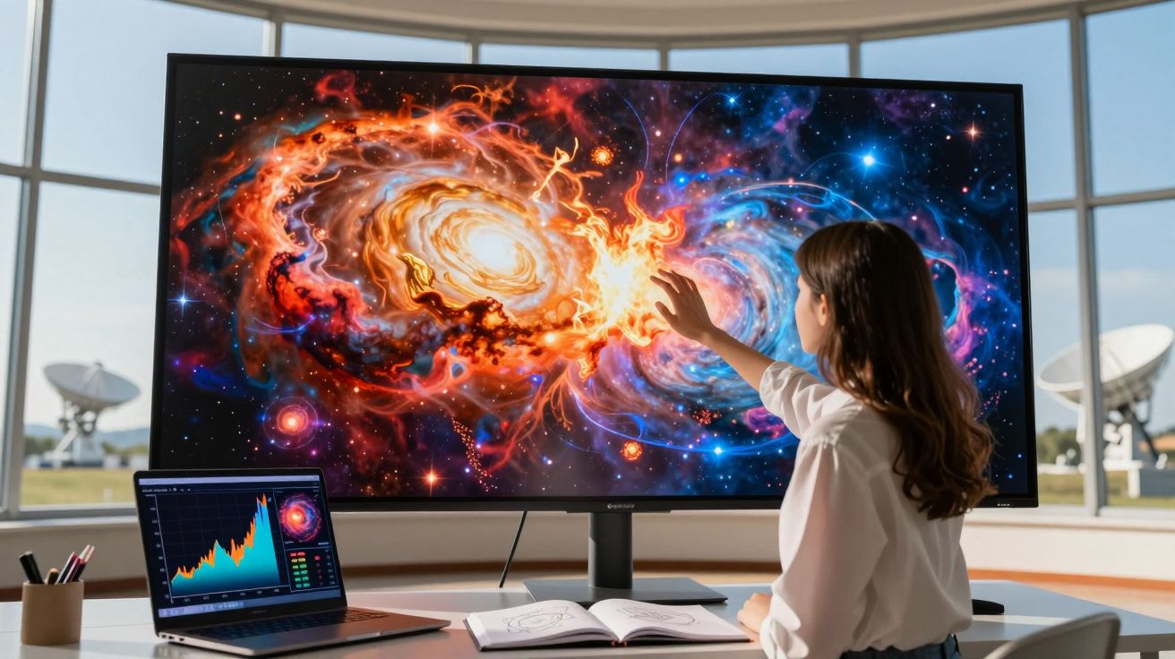 Mulher analisando imagens coloridas de galáxias em monitor grande dentro de sala com janelas.