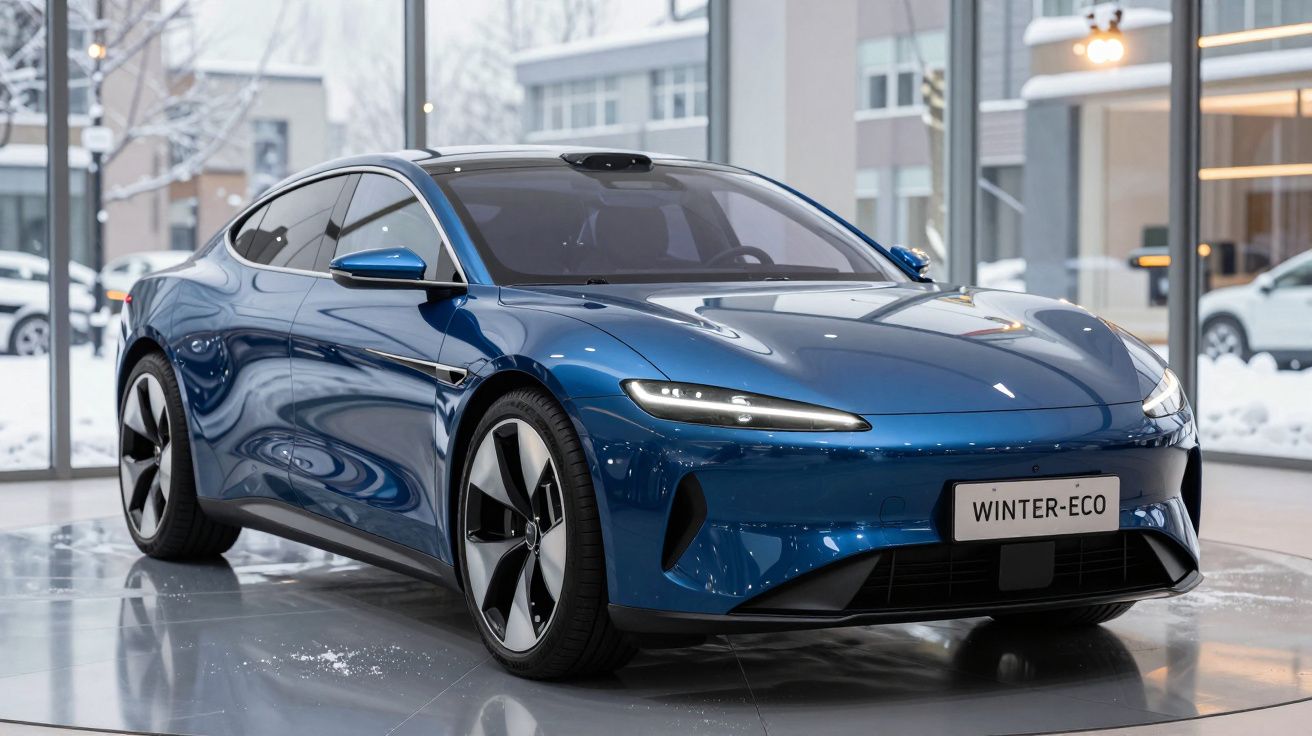 Carro elétrico azul metálico Winter-Eco exibido em showroom moderno com piso refletivo e janela de vidro ampla.