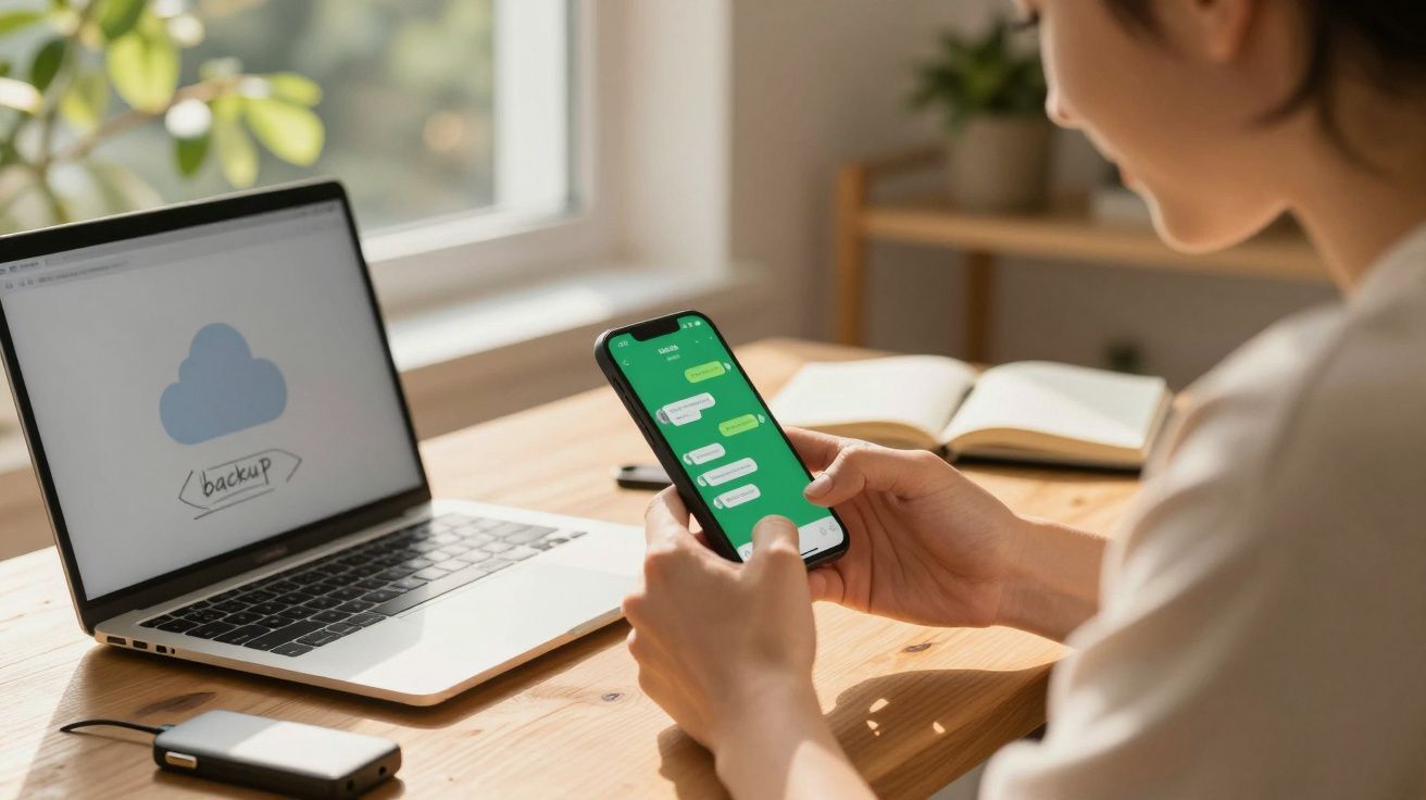 Pessoa usando celular para conversar em app de mensagens com laptop exibindo tela de backup aberto.