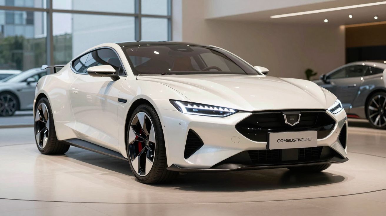 Carro esportivo branco estacionado em showroom moderno com iluminação suave e design aerodinâmico.