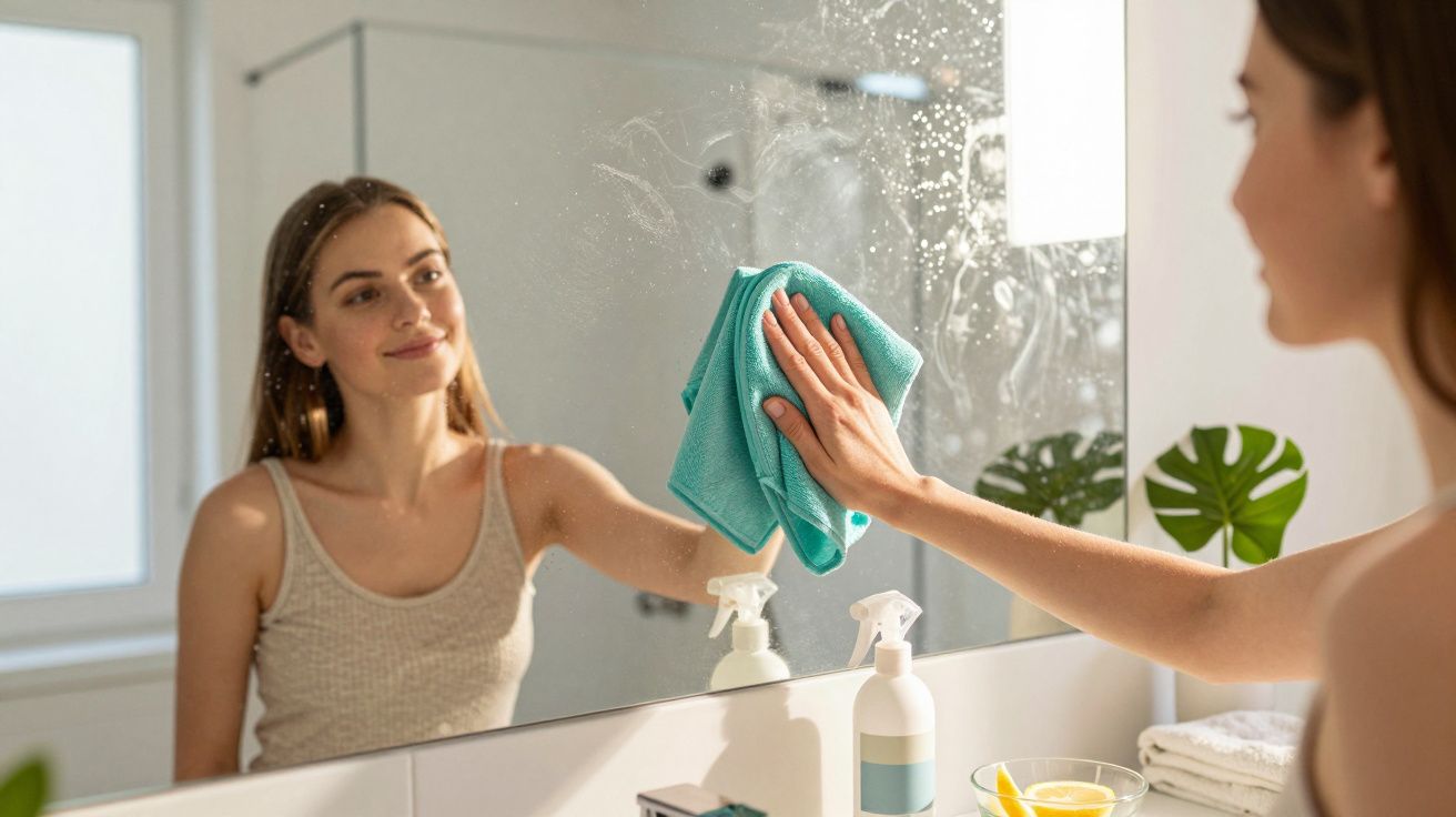 Mulher limpa espelho do banheiro com pano verde, sorrindo e se olhando no reflexo.