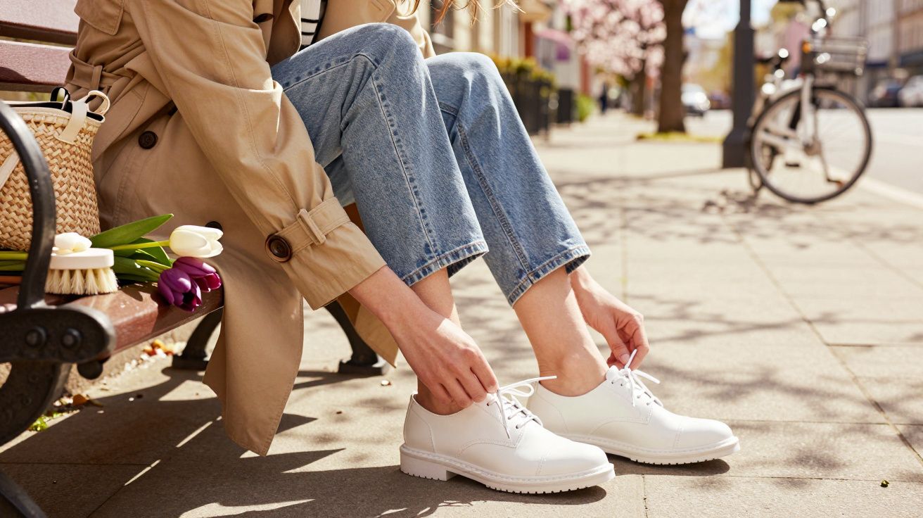 Pessoa sentada em banco ao ar livre amarrando tênis branco, com flores ao lado e bicicleta ao fundo.