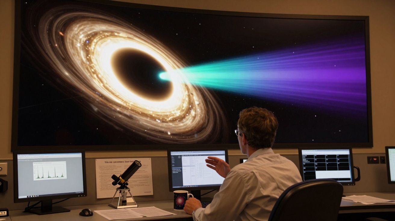 Homem analisa dados astronômicos em computador com imagem de buraco negro projetada em tela grande.