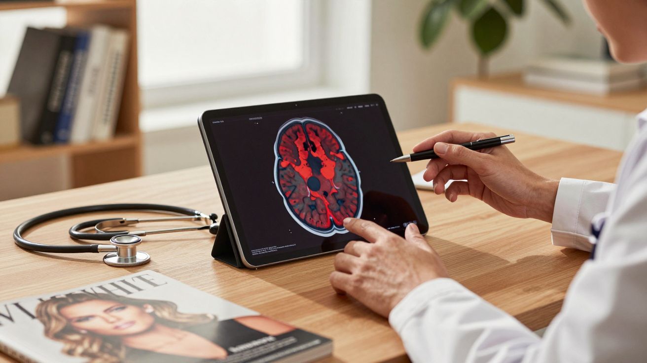 Médico analisando imagem digital colorida de exame cerebral em tablet, com estetoscópio e revista na mesa.