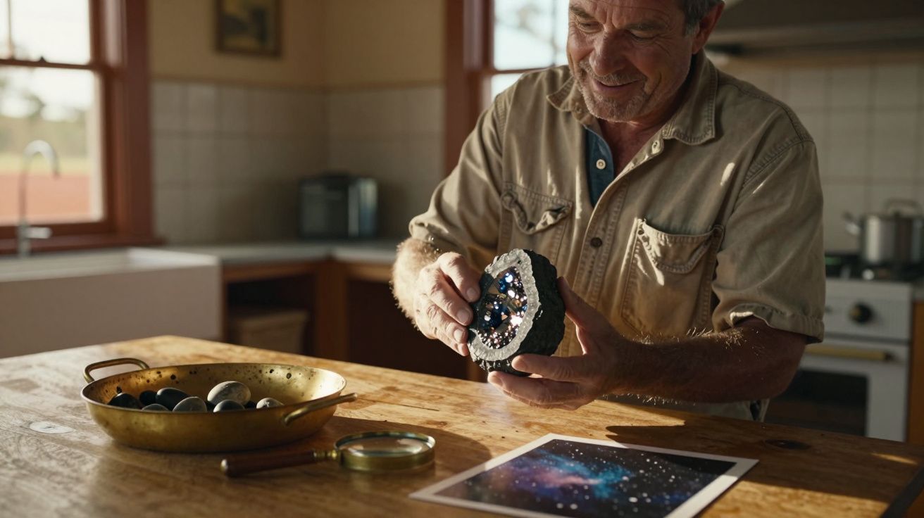 Homem sorrindo segura geodo cristalino enquanto observa foto do espaço em cozinha iluminada.