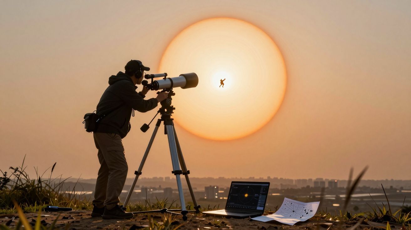 Homem observa telescópio apontado para o sol ao pôr do sol com laptop e folhas no chão.