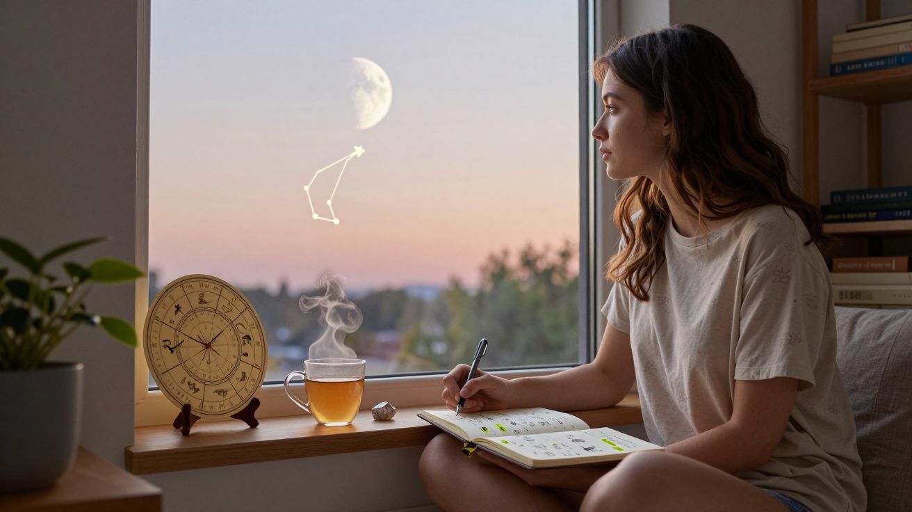 Mulher observando a lua pela janela enquanto escreve em caderno com chá fumegante e mapa astral ao lado.