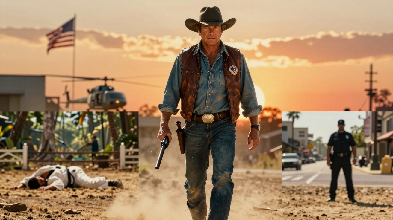 Homem com chapéu e colete de couro caminha com arma em mãos ao pôr do sol, com polícia e homem caído ao fundo.