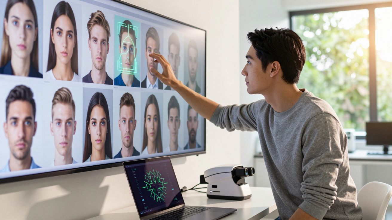 Homem analisa imagens de rostos em tela grande para reconhecimento facial em ambiente de escritório moderno.