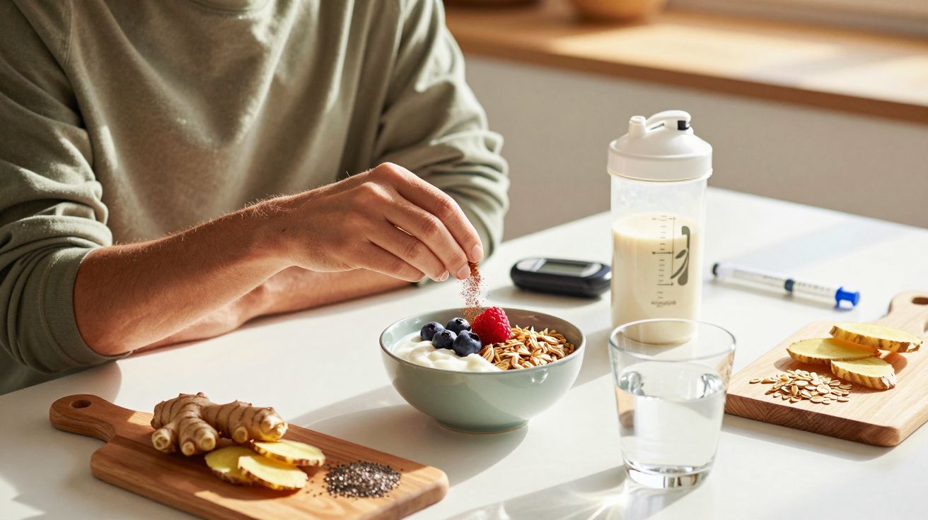 Pessoa adiciona sementes em tigela com iogurte, frutas e granola, em mesa com gengibre, chia e copo d'água.