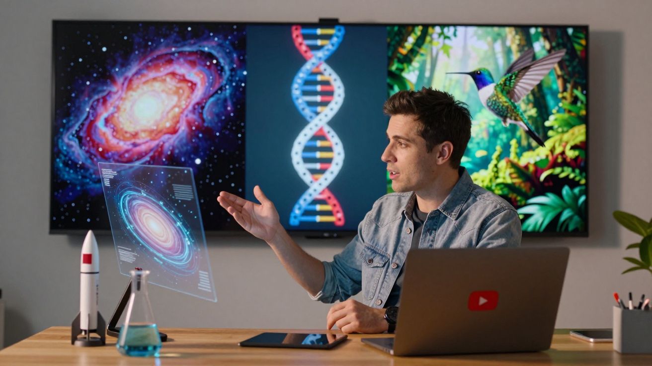 Homem apresentando pesquisa sobre galáxias, DNA e beija-flor em tela com laptop e objetos na mesa.