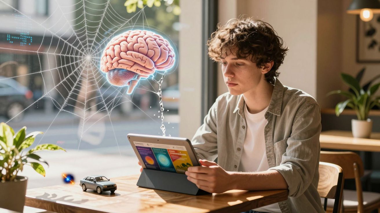 Jovem usando tablet em mesa com ilustração digital de cérebro conectada a teia de aranha na janela.