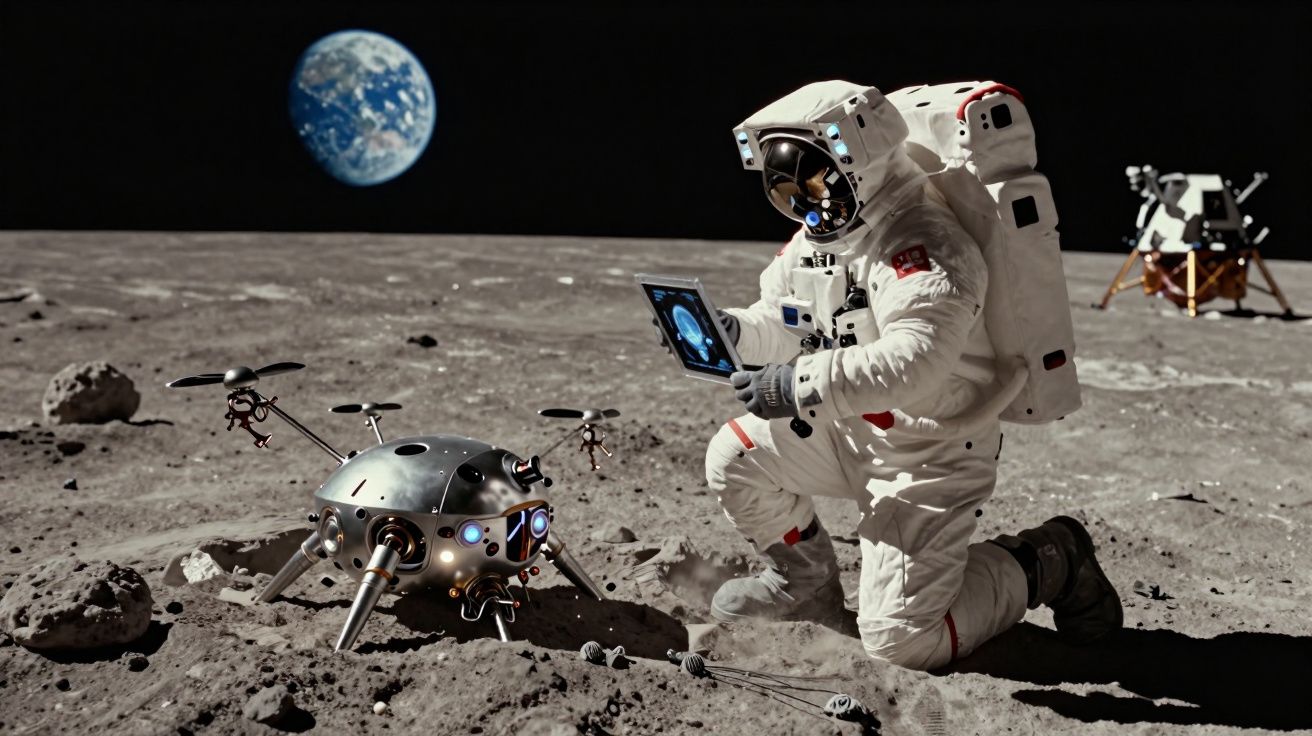 Astronauta em traje espacial ajoelhado na lua com dispositivo e robô futurista, Terra ao fundo.