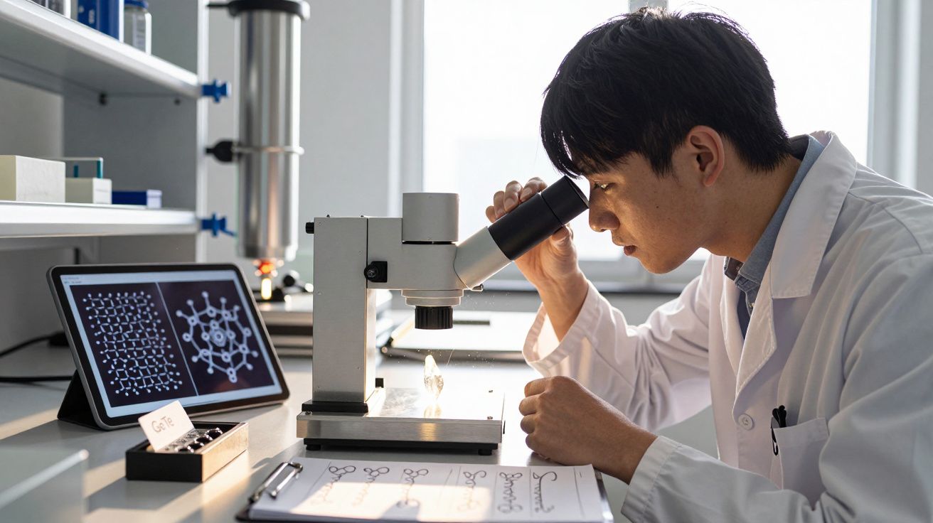 Cientista observando amostra em microscópio em laboratório com tablet e anotações ao lado.